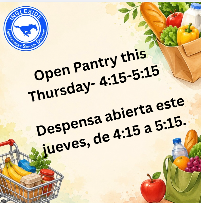 Event poster for "Open Pantry" on Thursday, from 4:15 to 5:15. It features food items, a cart, and a bag.