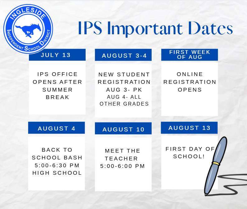 A white background displays a chart titled "IPS Important Dates" with blue text. Dates include July 13, August 3-4, and first week of August.