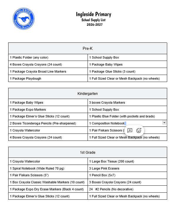 A document from Ingleside Primary School shows a list of supplies for Pre-K, Kindergarten, and first grade.