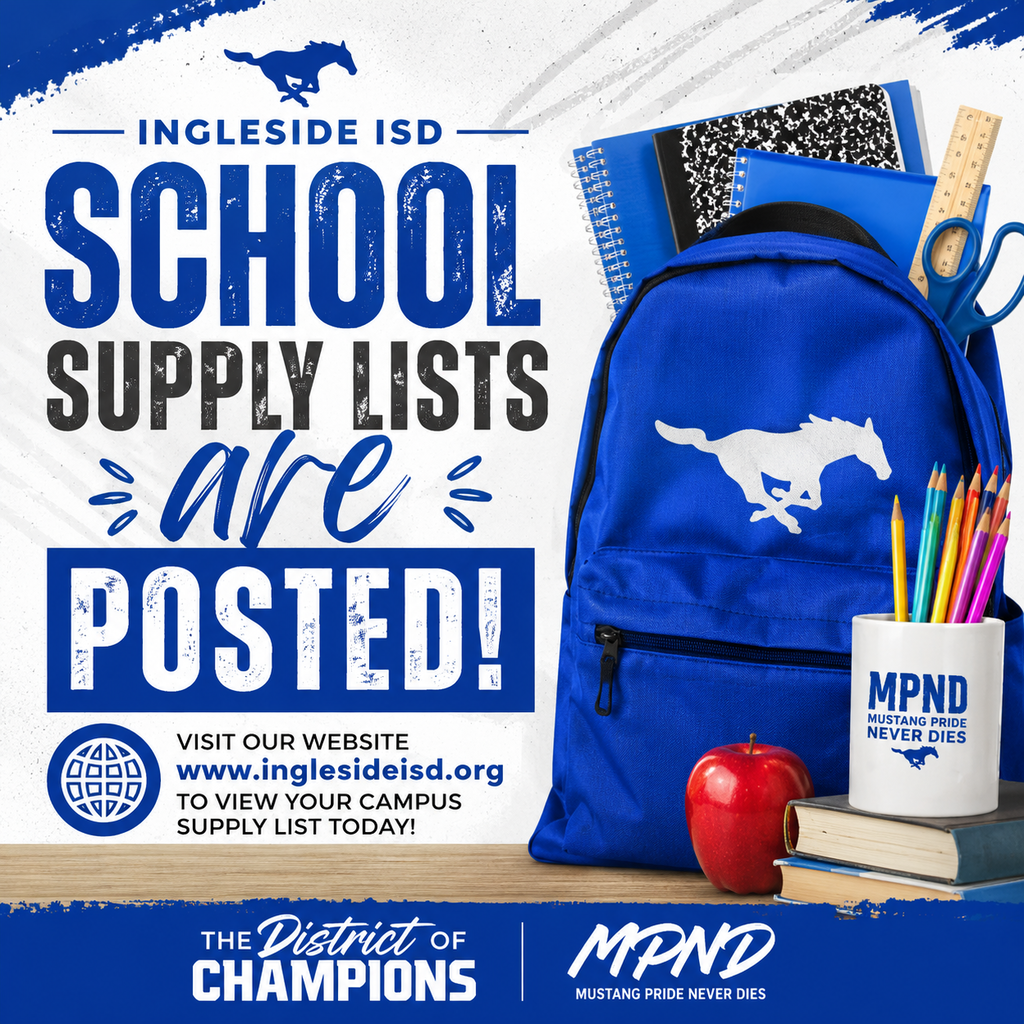 A poster announces "SCHOOL SUPPLY LISTS ARE POSTED!" with a blue backpack, apple, and pencils on a desk.