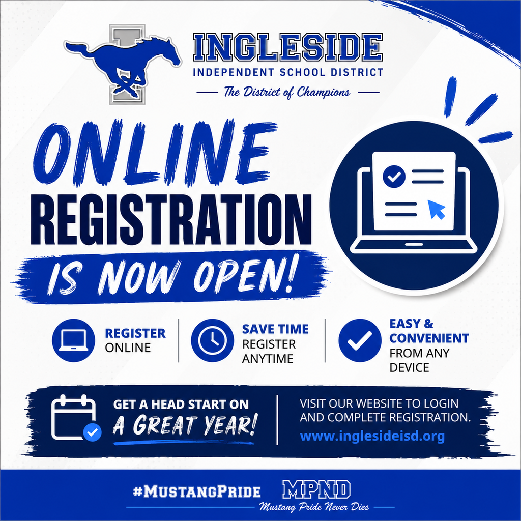 A blue and white flyer announces "Online Registration is Now Open" with icons for registration, time-saving, and device convenience.
