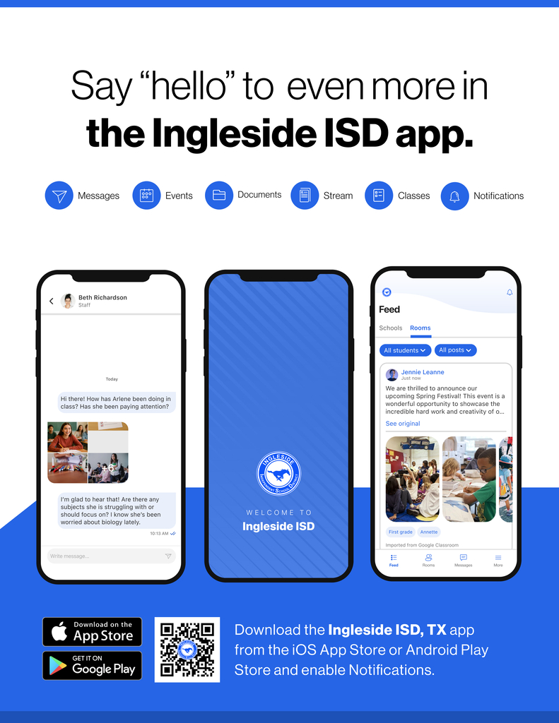Three smartphone screens showing the Ingleside ISD app interface. Features include messages, events, and notifications.