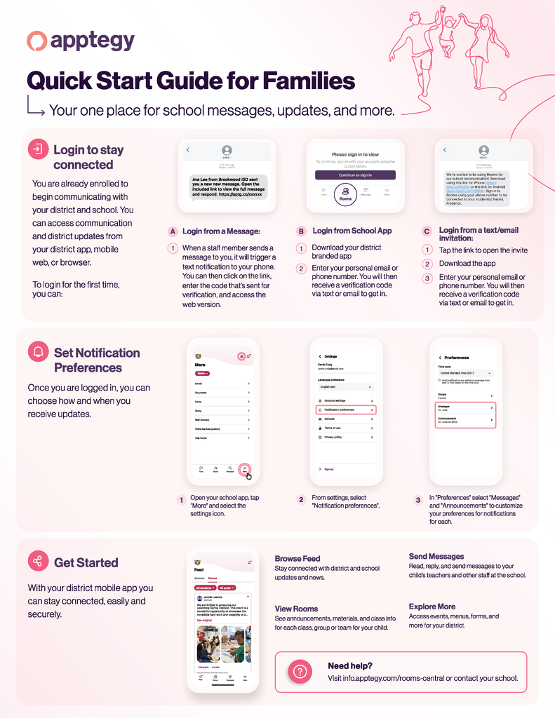 An infographic with pink background provides a "Quick Start Guide for Families" with text and icons for logging in, setting notification preferences, and getting started.