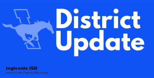 Blue background with "District Update" in white. A stylized horse logo appears in the top left. "Ingleside ISD" and "Home of the Fighting Mustangs" below.