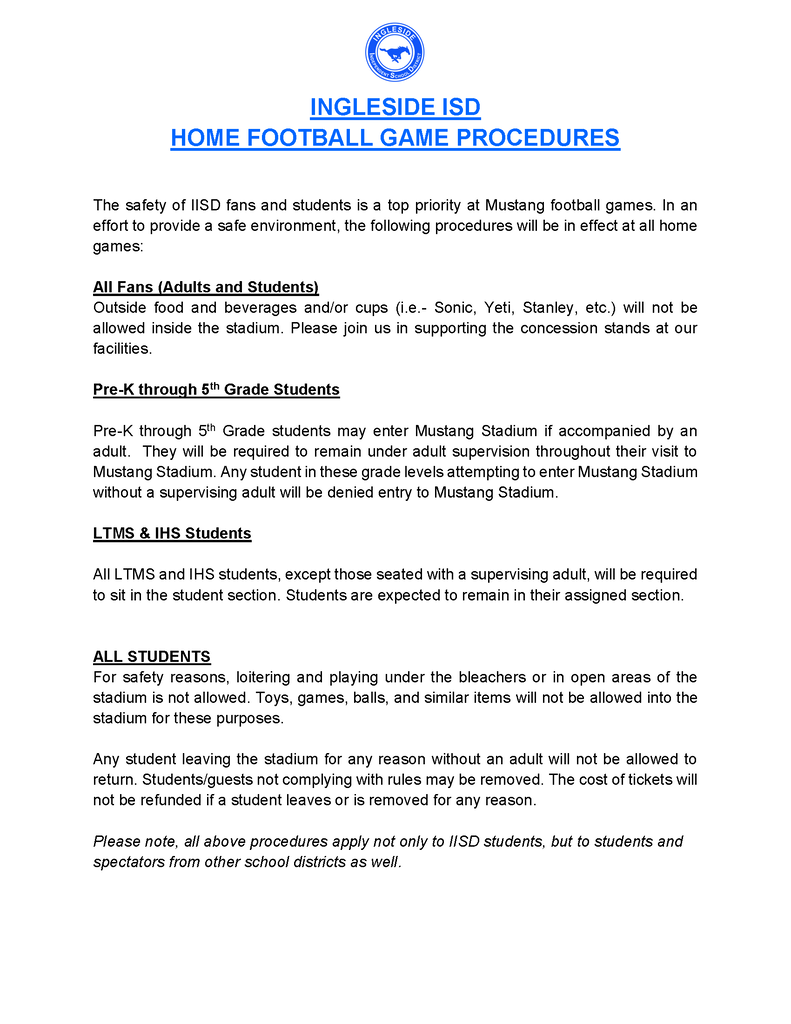White page with blue and black text titled "Ingleside ISD Home Football Game Procedures" lists rules for fans and students.
