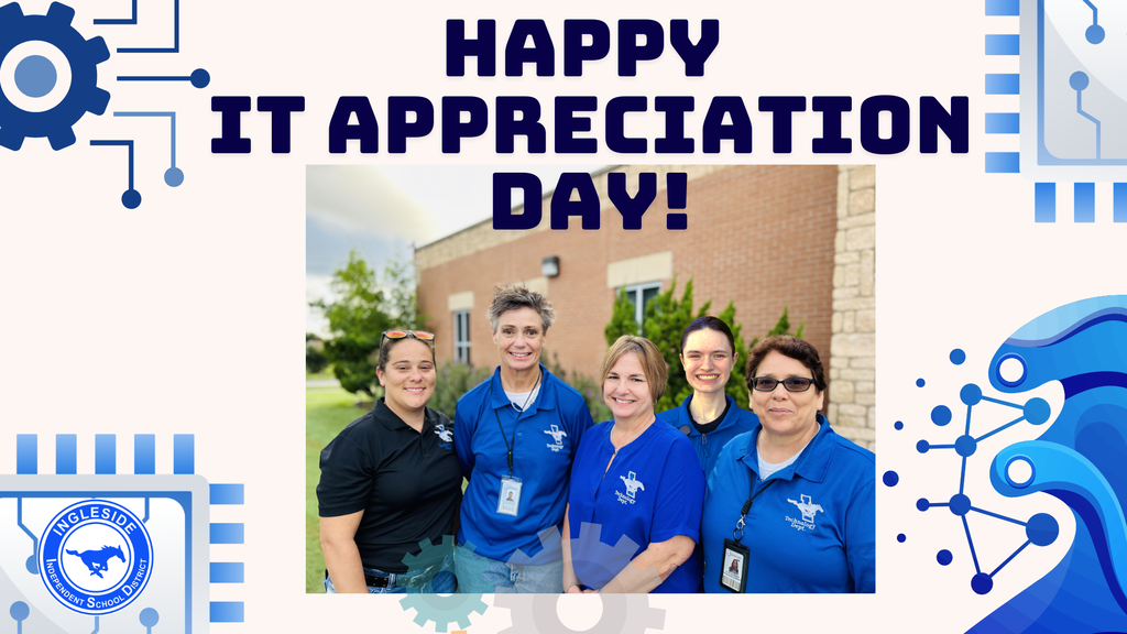 Five people in matching shirts pose outside a building with blue and white graphics. Text reads "Happy IT Appreciation Day!"