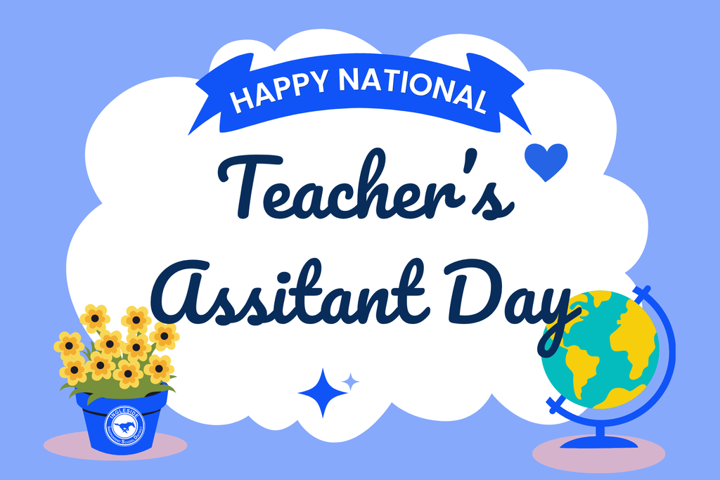 Blue background with "Happy National Teacher's Assistant Day" text, sunflowers in a pot, and a globe.