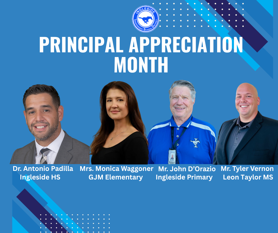 Four smiling adults stand in front of a blue background. They are wearing suits and ties. "Principal Appreciation Month" is written above them.