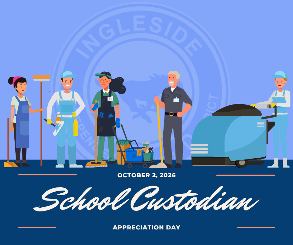 Poster for School Custodian Appreciation Day on October 2, 2026. Five people in uniform are cleaning, one with a vacuum.