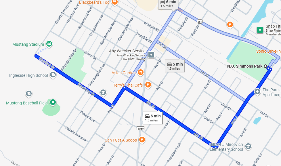 A map with a blue line and various locations marked with orange dots. Labels include Mustang Stadium and others.