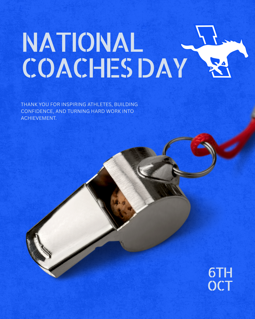 A blue background with text reading "National Coaches Day" and a whistle keychain. The whistle contains a cookie.