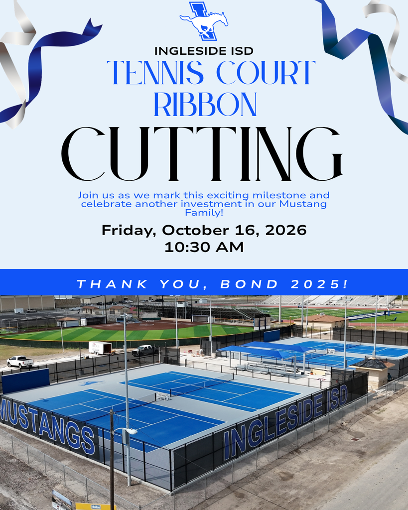 An aerial view of tennis courts and a ribbon-cutting event invitation for October 16, 2026.