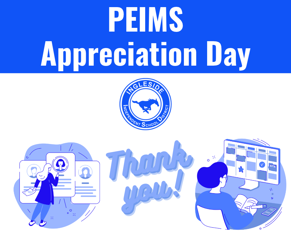 Blue and white graphic. Text reads: "PEIMS Appreciation Day". Three cartoon people, one with a document, one with a computer, and one reading.