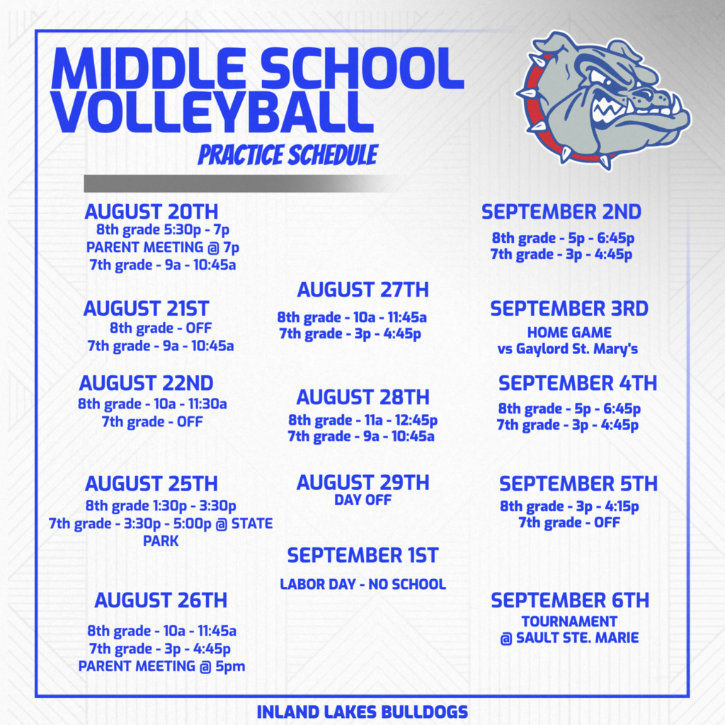 MIDDLE SCHOOL VOLLEYBALL PRACTICE SCHEDULE NEXT WEEK