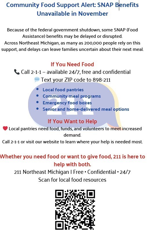 SNAP Benefits Unavailable in November - Call 211 for local food pantry information 