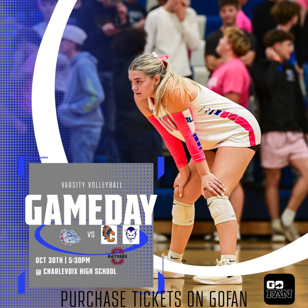 Varsity Quad @ Charlevoix  tonight for Varsity Volleyball. the team will be competing vs Cheboygan, Sault Ste. Marie, and Charlevoix. #10 Mary Myshock is in the picture int he athletic ready postion, wearing pink bulldog uniforms.