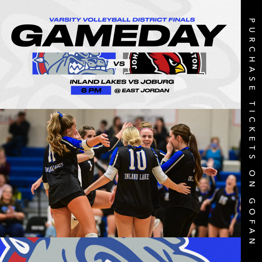 Inland Lakes Varsity Volleyball will be playing Johhanesburg -Lewiston for the District Finals @ East Jordan tonight at 6pm. In the Game Day picture Mary Myshock, Jenna Stubbs, Jenna Shiel, Addison Byrne and Chloe Robinson hudle to celebrate a great play. The team is wearing the blackin unfiroms.