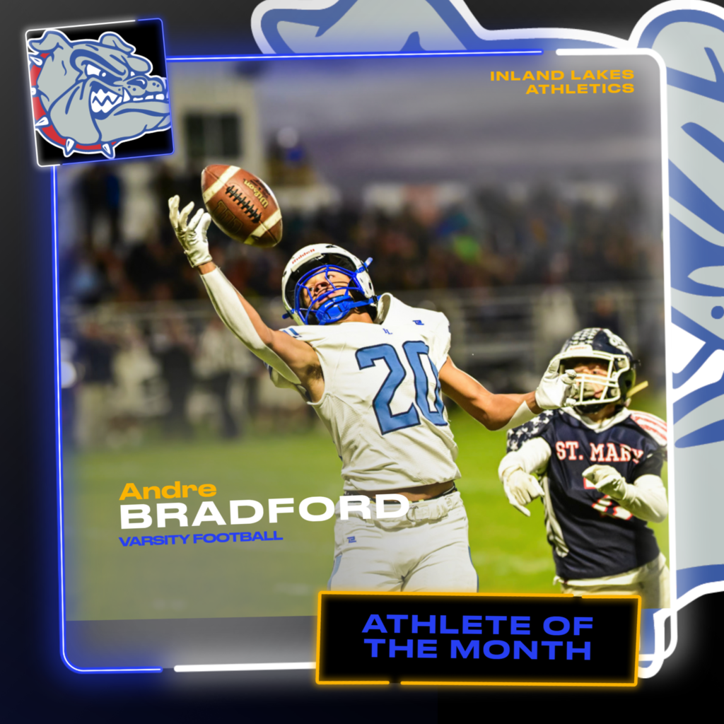 October Athlete of the Month Andre Bradford., Varsity Football. Andre #20 is reaching out for a 1 handed catch vs a Gaylord St. Mary's palyer int he championship game