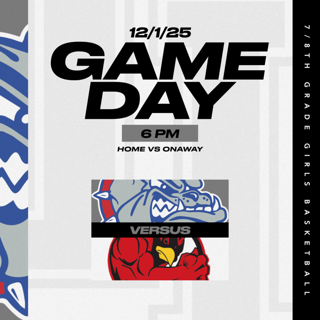 Game Day ! IL 7&8 girls basketball home vs Onaway 6pm, IL HS gym. Game day post has the Il Bulldog vs Onaway Cardinal Logo. 