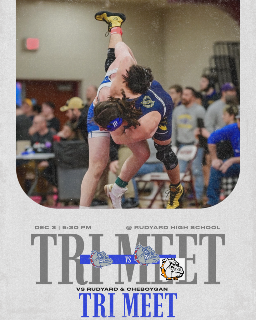 Varsity Wrestling on the road tonight at Rudyard. Its a TRI meet tonight vs Rudyard and Cheboygan, startting at 5:30 pm. In the game day post a Bulldog wrestler is slamming a n opponet to the ground in a match from last year.