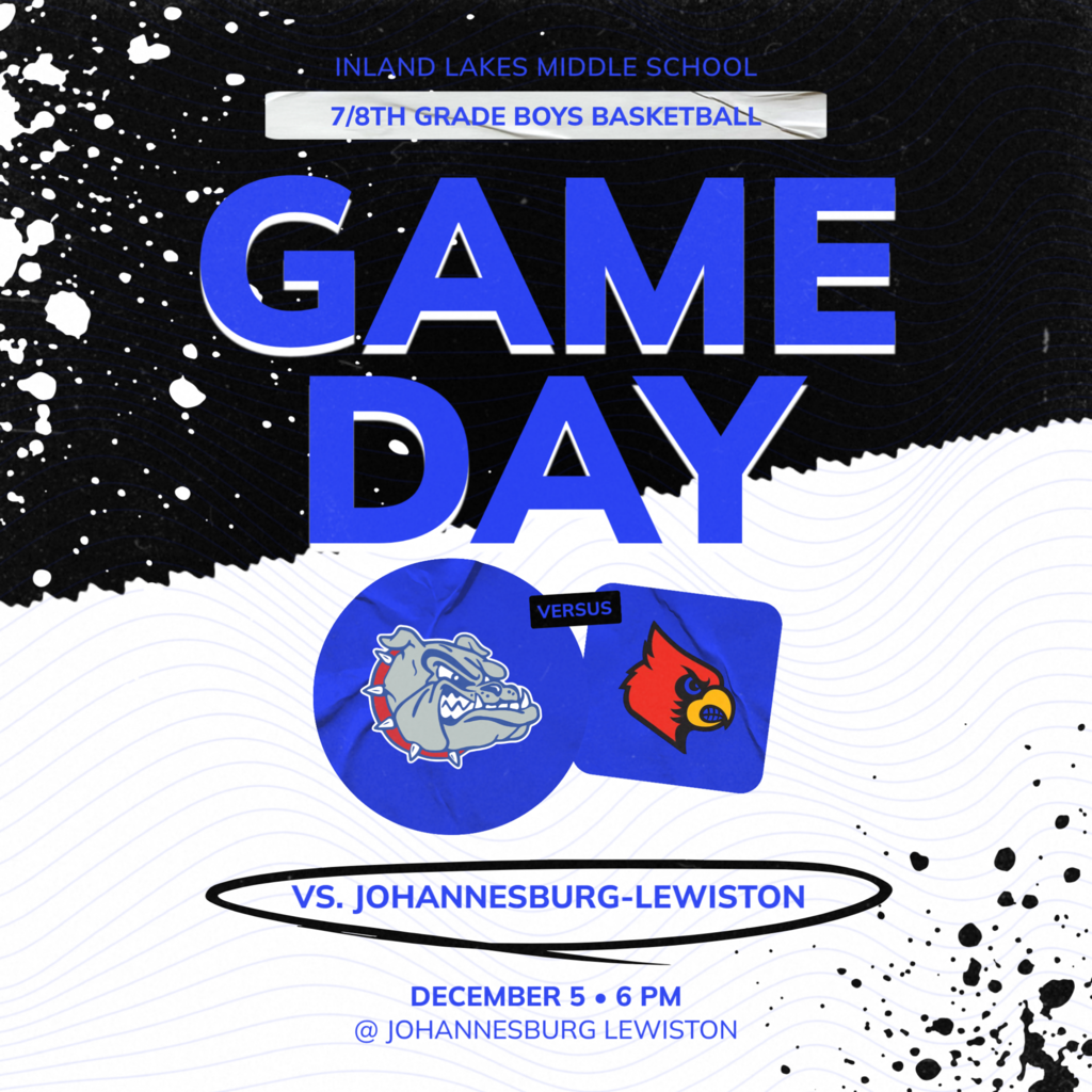 7&8 Grade Boys Basketball play at JoBurg tonight at 6pm. In the game day post we have the Bullodog log vs the Cardinal Logo with black and white graphic back ground.