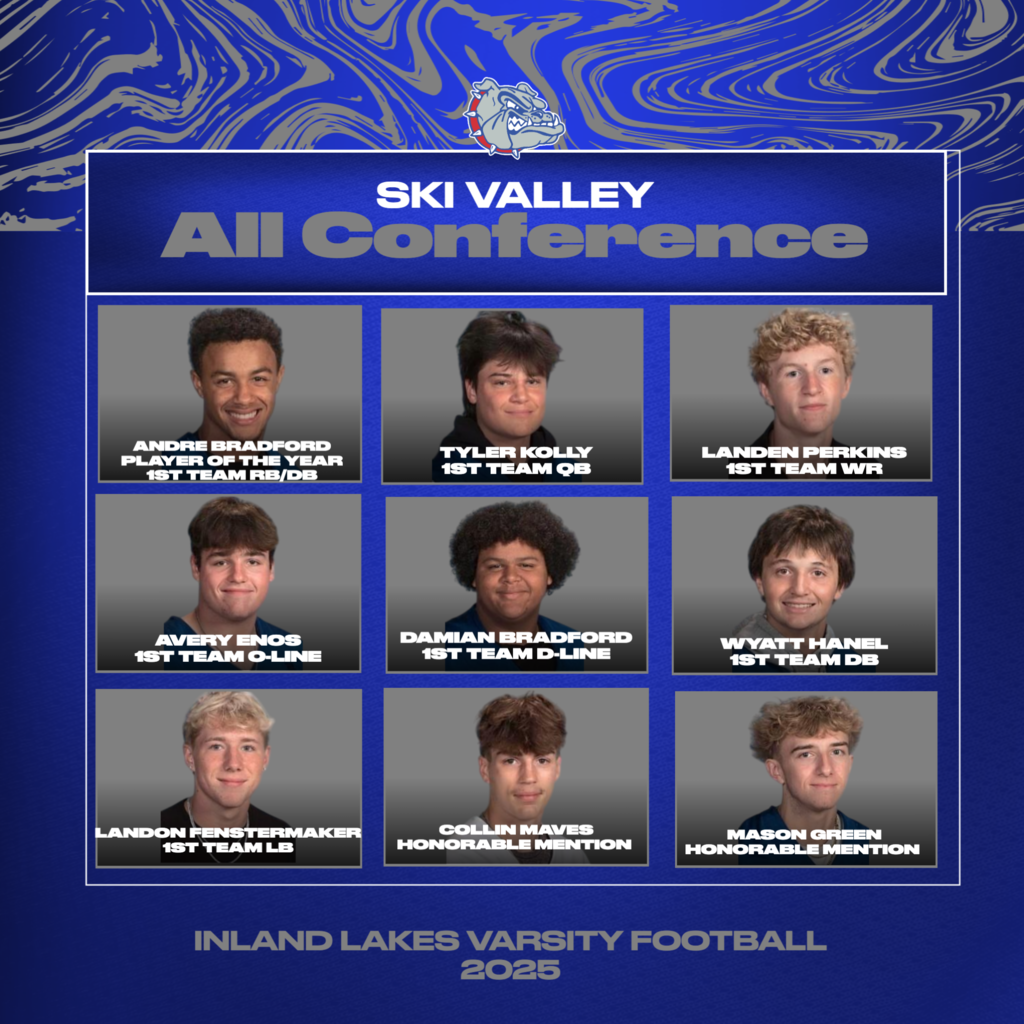 2025 Varsity Football players earn Ski Valley All conference honors. Andre Bradford, Player of the year and 1st team DB/RB. Tyler Kolly 1st Team QB. Landen Perkins 1st Team WR. Avery Enos 1st Team O-line, Damian Bradford 1st Team D-Line. Wyatt Hanel - 1st team DB. Landon Fenstermaker 1st team LB. Collin Maves and Mason Green Honorable Mention