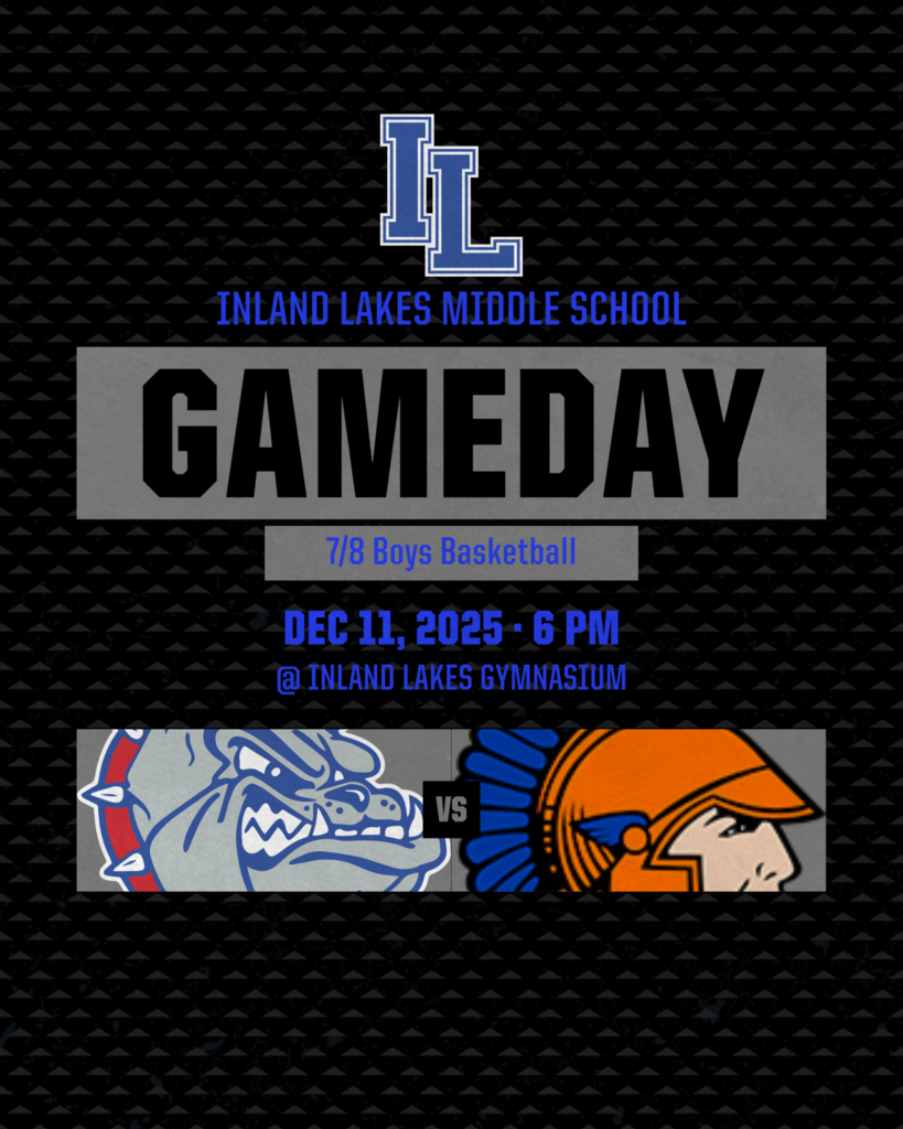 MS Boys Basketball home tonight vs Central Lake 6pm in the HS gym. Game Day  is a black graphic back ground with Bulldog logo vs Central Lake trojans logo in bule and orange.