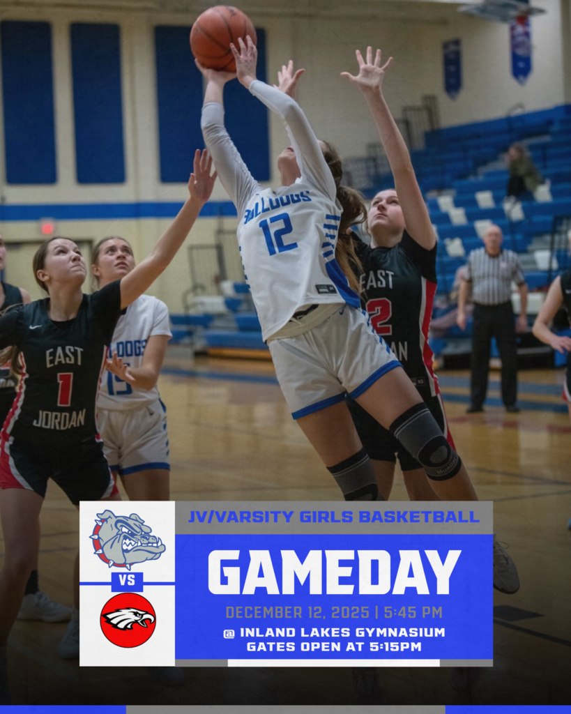JV/Varsity Girls Basketball home tonight vs Bellaire 5:45 pm start time. In the Gameday post #12  Chloe Robinson drives the lane shooting a layup against East Jordan defenders.Chloe Robinson