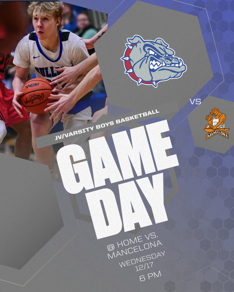 Inland Lakes JV/Varsity boys basketball home vs mancelona tonight at 6pm. Gameday post graphic has blue and grey honeycomb patter with #5 Landon Fenstermaker driving to the paint.
