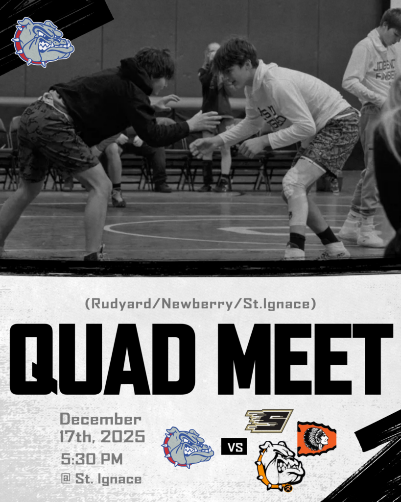 IL Varsity Wrestling at St. Igance tonight at 5:30pm. Tonight is a conference quad with St. Ignace, Newberry, and Rudyard attending. In the black and white graphic game day post, wrestlers Wyatt Hanel and Collin Maves are sparing to warm up.