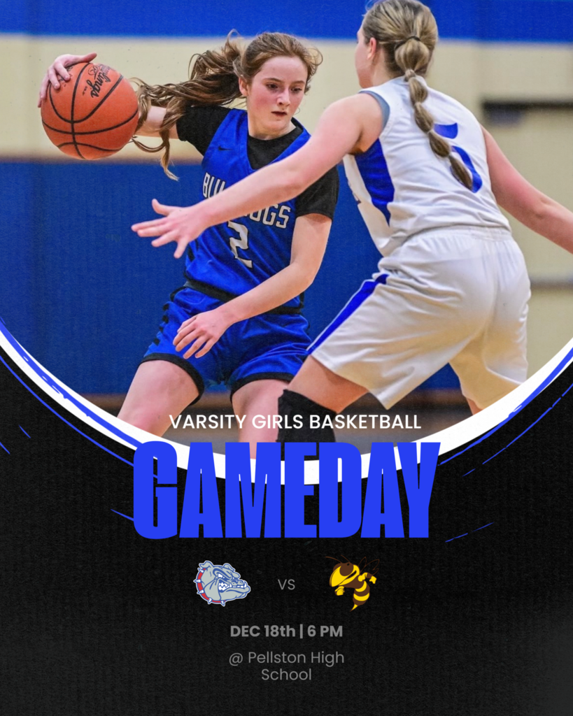 Inland Lakes Varsity Basketball at Pellston high school tonight, 6pm. In the picture, #2 Faith Lehre cross overs basketball dribbles against a St. Marys defender.