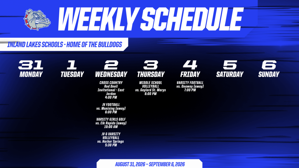 Schedule of the sporting events for the week. Cross country, girls golf, volleyball and jv football are all active Wednesday, with middle school volleyball Thursday, and varsity football on Friday.
