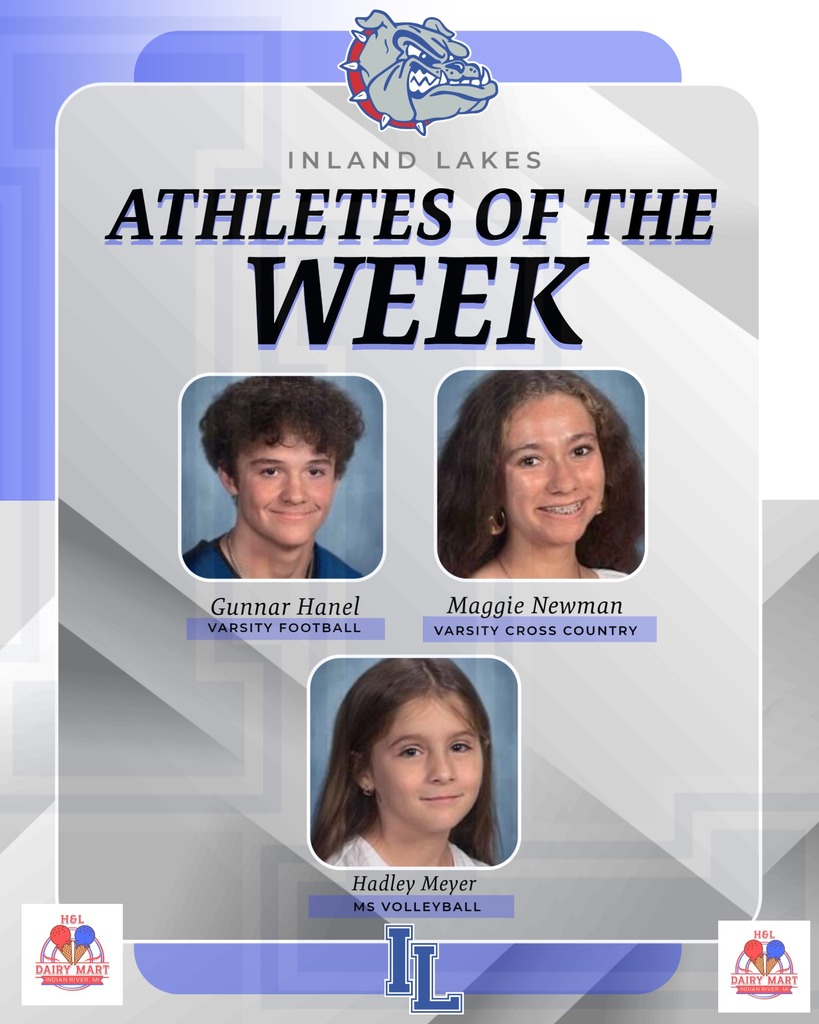 This week's Athletes of the Week! Varsity Football: Gunnar Hanel, Varsity Cross Country: Maggie Newman, and MS Volleyball: Hadley Meyer