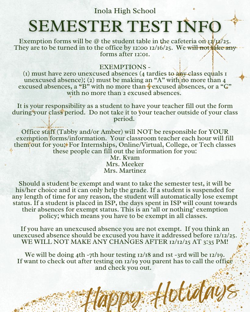 Semester Test Info