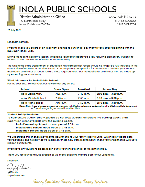 A document from Imola Public Schools shows details about the 2026-2027 school year. It includes information on school hours and a reminder for student safety.