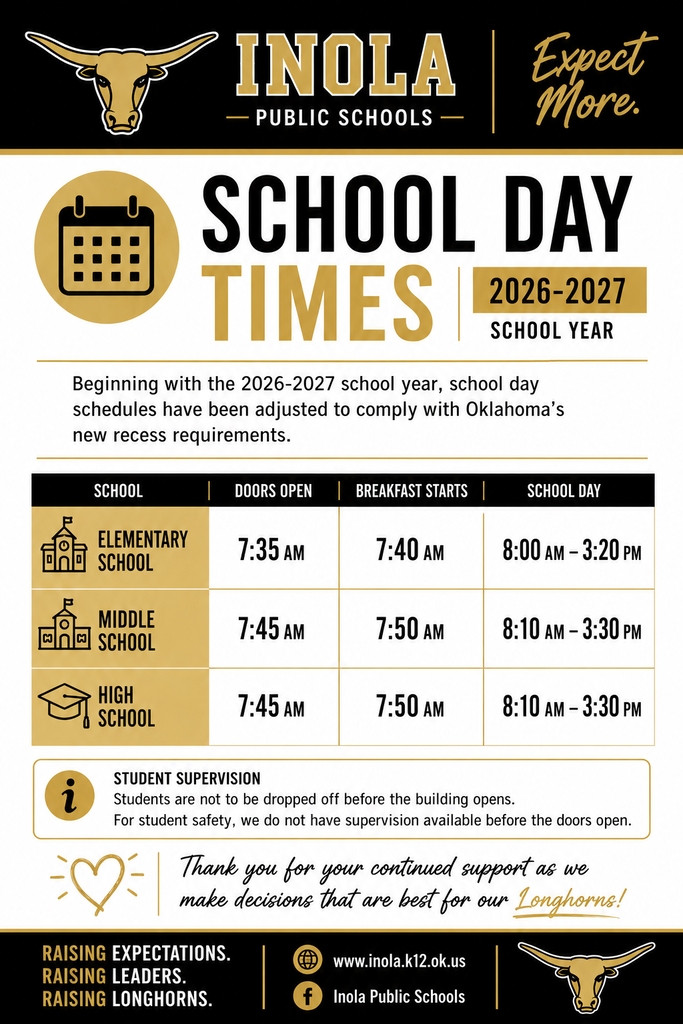 An information flyer from Inola Public Schools shows the 2026-2027 school day schedule with times for doors, breakfast, and school day.