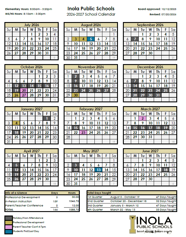 Calendar displays for 2026-2027 school year, spanning from July to June, with highlighted days and sections labeled.