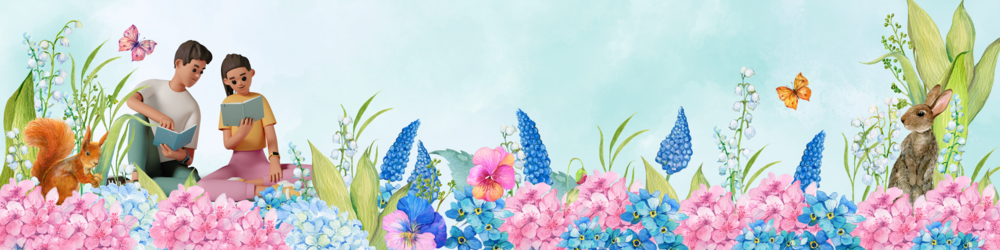 2 people reading in bed of flowers