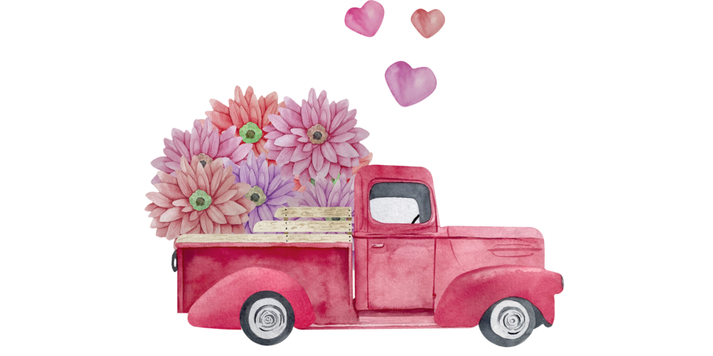 Graphic of red truck with flowers and hearts