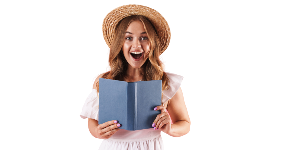 Girl in hat holding book