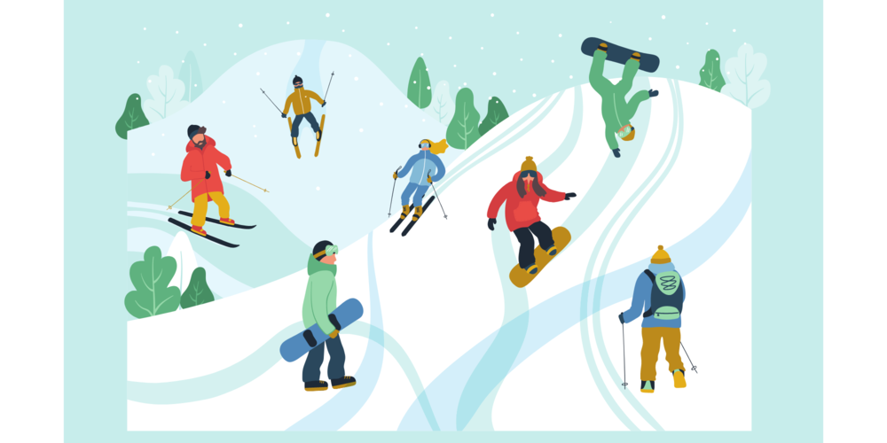 Graphic of skiers and snowboarders