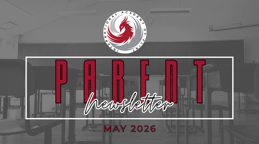 Gray scale image with school desks in background, IAF logo of phoenix in gray and burgundy