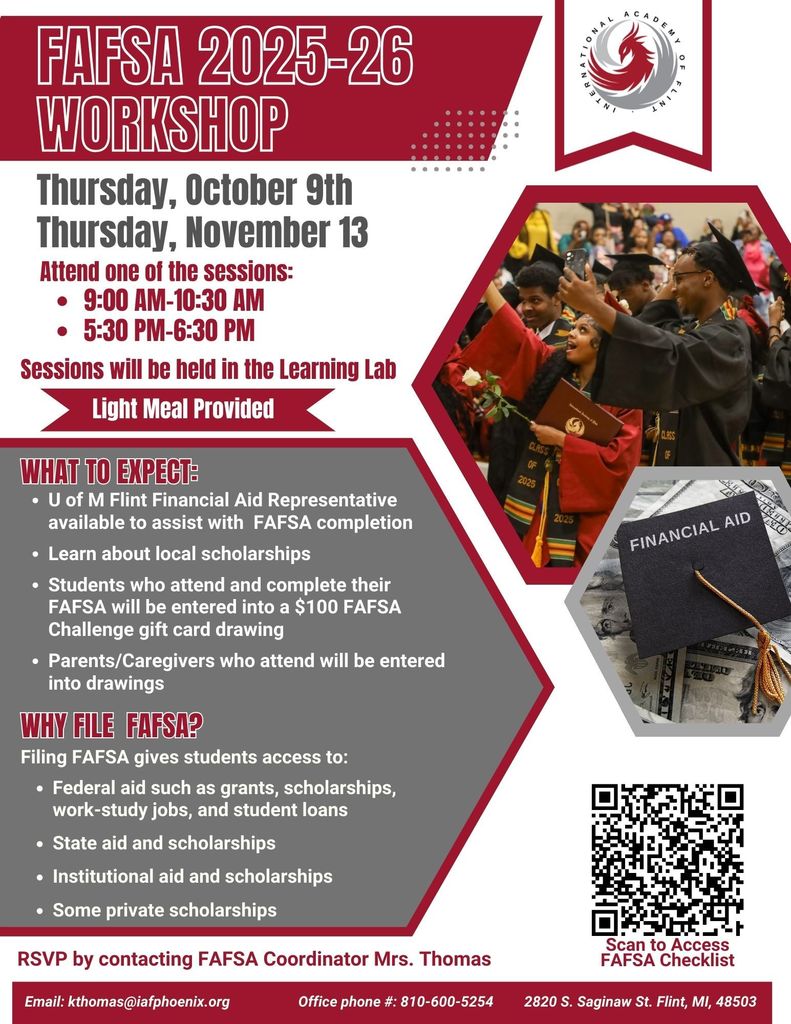 FAFSA Workshop; white background, gray and burgundy accents, photo of graduates and graduation cap