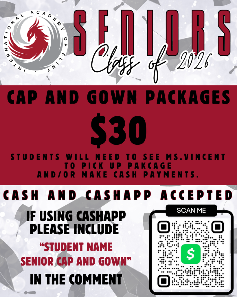 Light gray background with darker gray graduation caps, IAF logo, CashApp QR Code