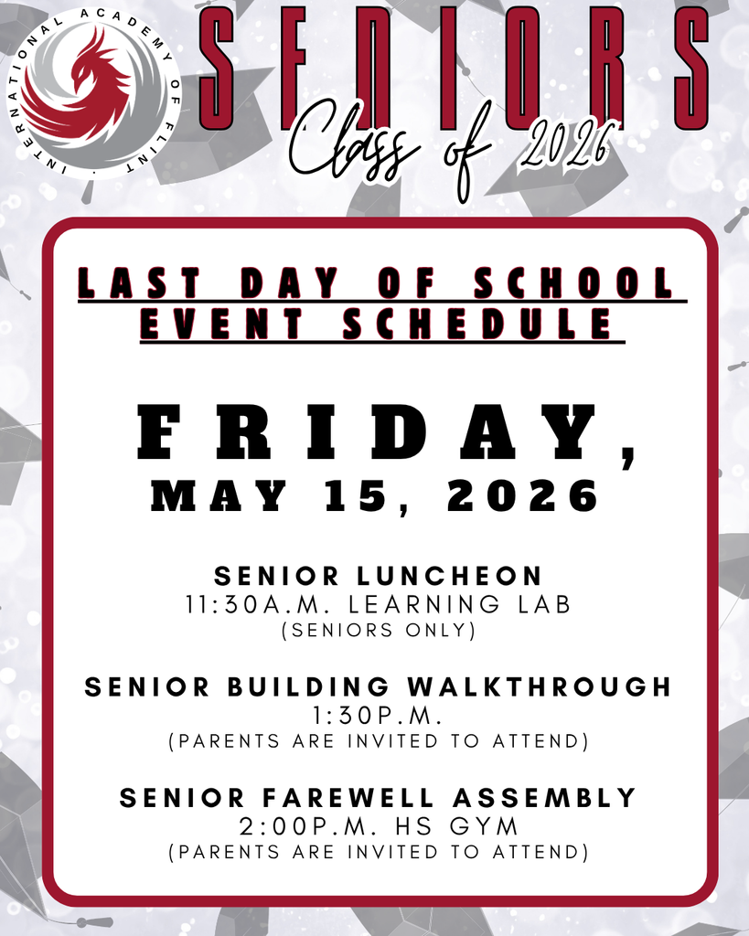 Event schedule for the seniors' last day of school, May 15, 2026. Includes a senior luncheon, building walkthrough, and farewell assembly. Festive tone.