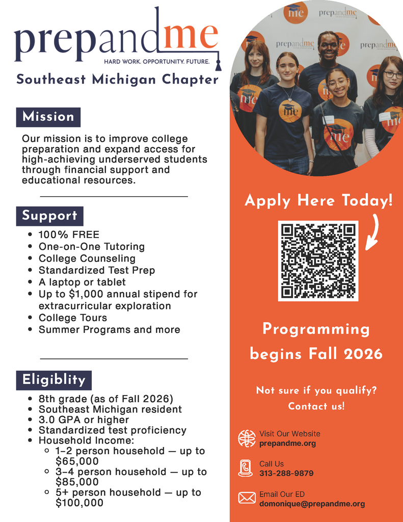 Flyer for “PrepandMe – Southeast Michigan Chapter.” The left side features the organization’s logo and tagline “Hard Work. Opportunity. Future.”