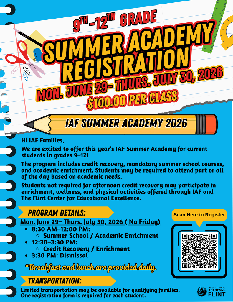 School supplies clipart images with information on Summer Academy including QR code for registration Grades 9-11