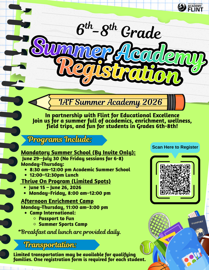School supplies and sports clipart images with information on Summer Academy including QR code for registration Grades 6-8