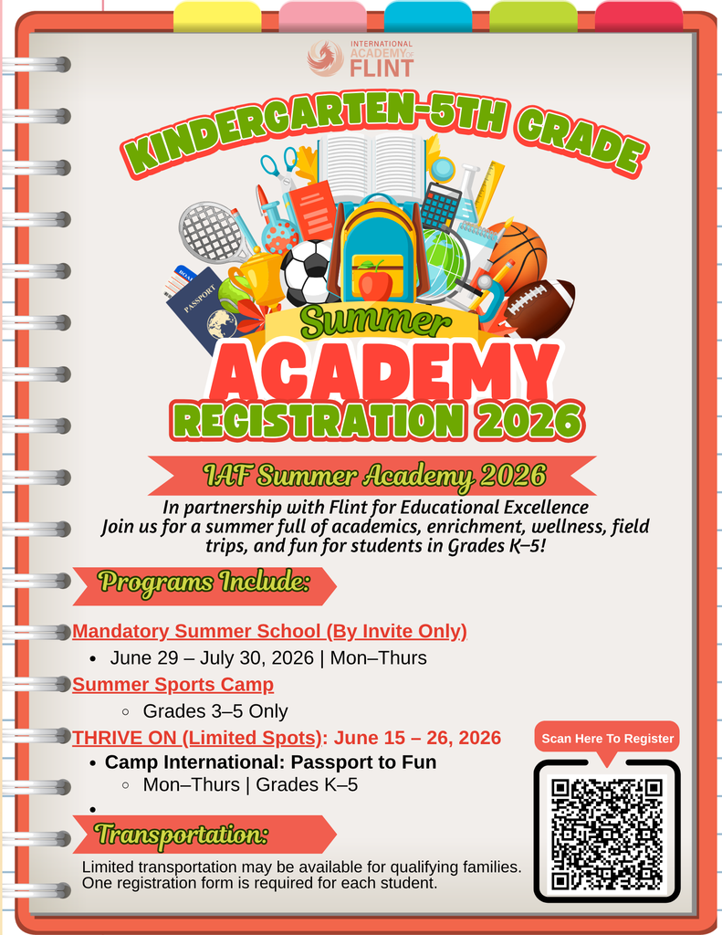 School supplies and sports clipart images with information on Summer Academy including QR code for registration Grades K-5