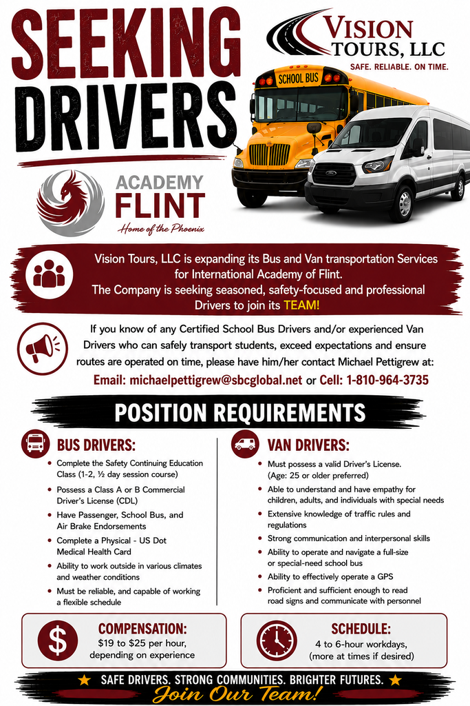 image of a school bus and transport van looking for school bus and van driver for Vision Tours who provides transportation services for the International Academy of Flint